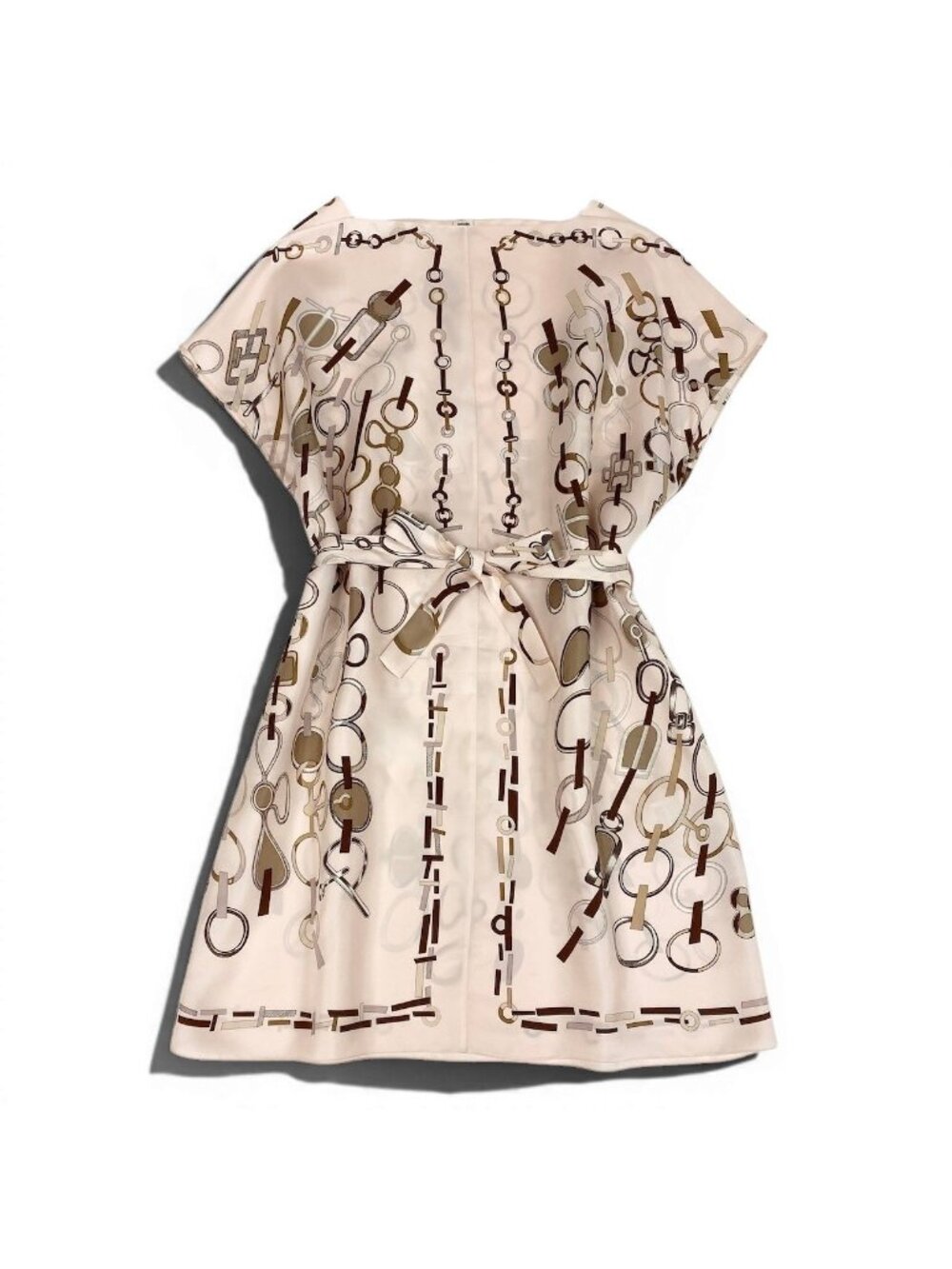 Hermes Re Boucles Printed Dress French Sleeve with Belt 44 Light Pink Silk - Picture 2 of 11